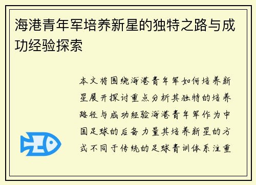 海港青年军培养新星的独特之路与成功经验探索