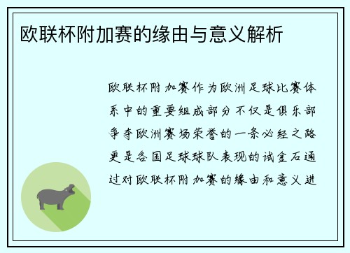欧联杯附加赛的缘由与意义解析